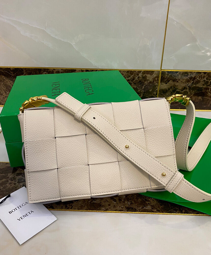 Bottega Veneta Cassette Intreccio Leather Cross Body Bag Cream